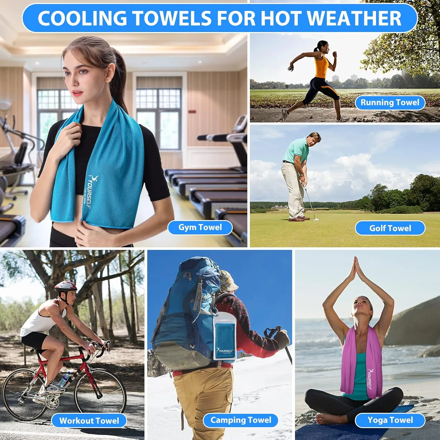 SYOURSELF Cooling Towels for Neck and Face, 6 Pack 40" x 12" Cooling Towel for Hot Weather, Soft Breathable Instant Cool Chilly Pad for Sports Golf Yoga Gym Athletes Camping Ice Towels(Mix-6pcs)