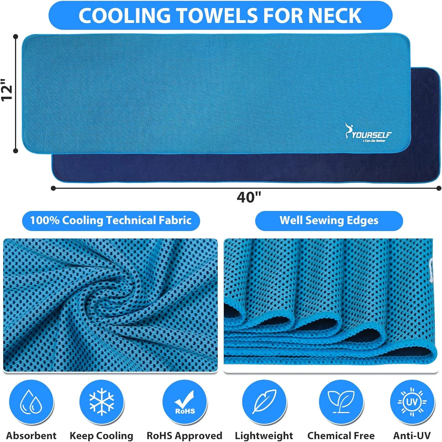 SYOURSELF Cooling Towels for Neck and Face, 6 Pack 40" x 12" Cooling Towel for Hot Weather, Soft Breathable Instant Cool Chilly Pad for Sports Golf Yoga Gym Athletes Camping Ice Towels(Mix-6pcs)