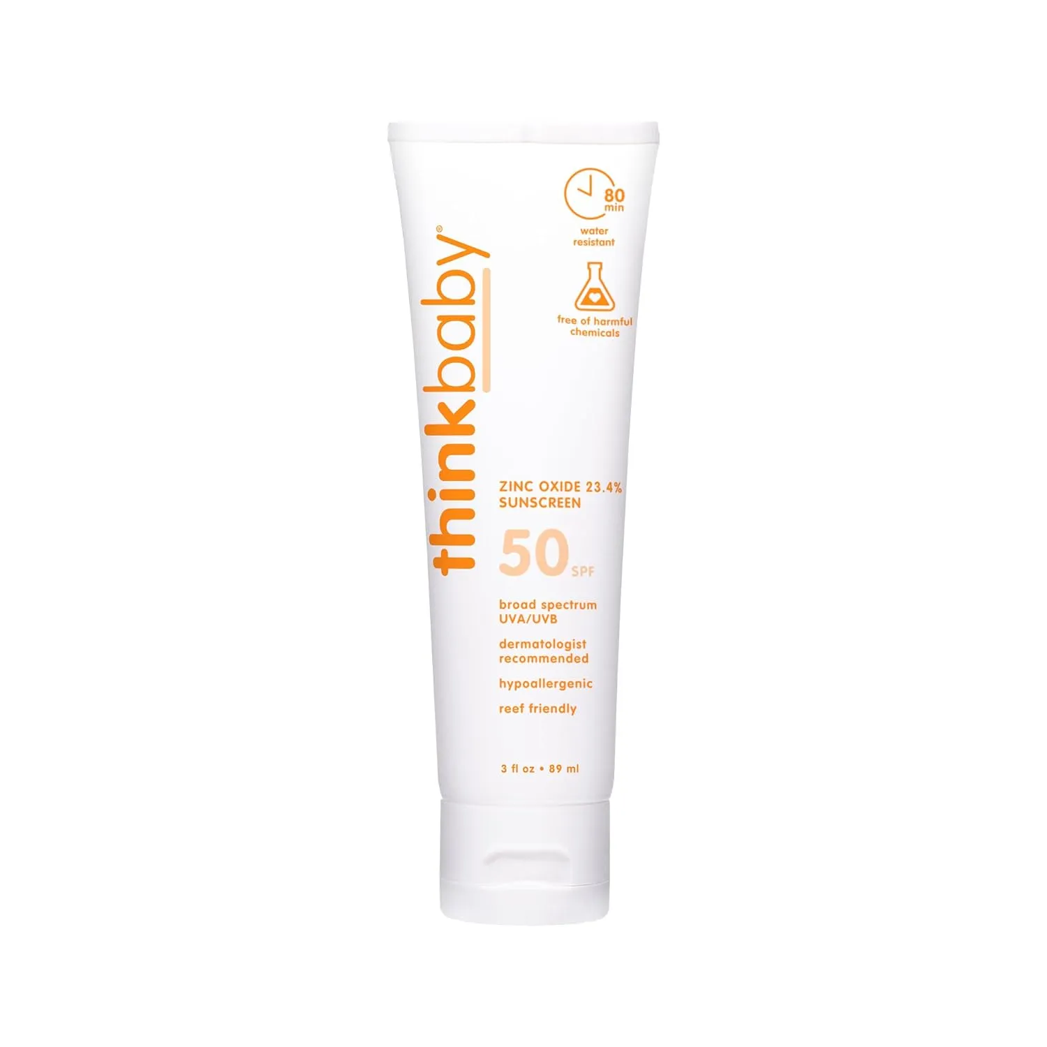 Thinkbaby SPF 50  Baby Mineral Sunscreen – Safe, Natural Sunblock for Babies - Water Resistant Sun Cream – Broad Spectrum UVA/UVB Sun Protection – Vegan Baby Sunscreen Lotion, 3 Oz.
