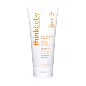 Thinkbaby SPF 50  Baby Mineral Sunscreen – Safe, Natural Sunblock for Babies - Water Resistant Sun Cream – Broad Spectrum UVA/UVB Sun Protection – Vegan Baby Sunscreen Lotion, 6 Oz.