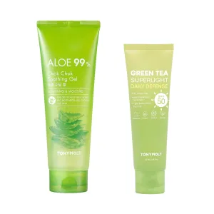 TONYMOLY Green Tea SPF 50 Sunscreen & Chok Chok Aloe Vera Soothing Gel - Korean Skincare Bundle (50ml & 8.5 oz)