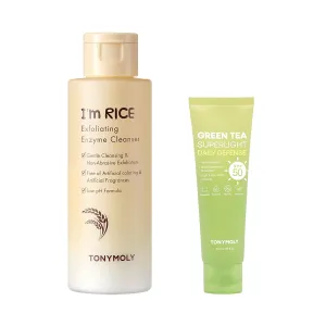 TONYMOLY Green Tea SPF 50 Sunscreen & I'm Rice Exfoliating Face Polish Cleanser Bundle, 50ml & 50g