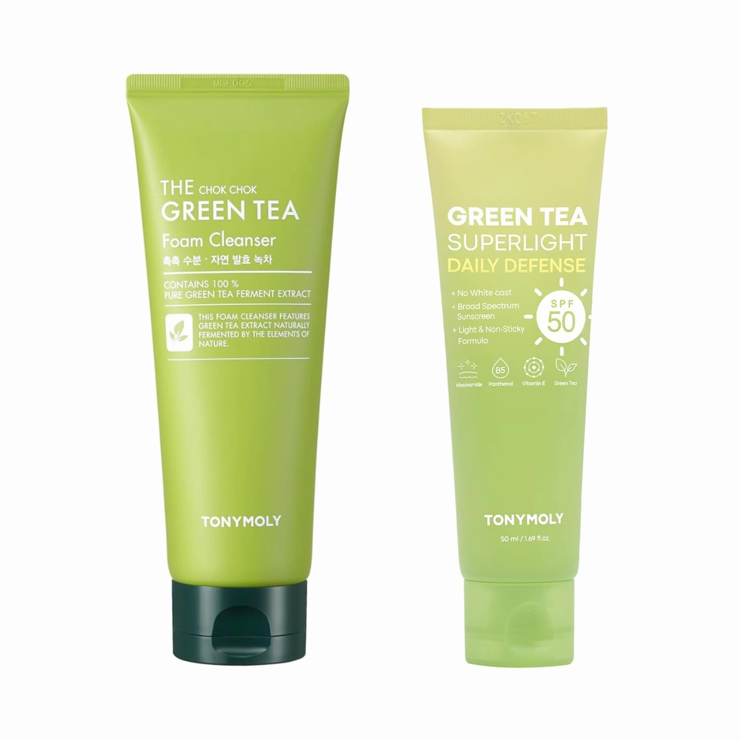 TONYMOLY Green Tea SPF 50 Sunscreen & Chok Chok Green Tea Foam Cleanser Skincare Bundle, 50ml & 1 Count