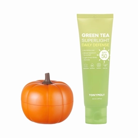 TONYMOLY Green Tea SPF 50 Sunscreen with Plump-kin Retinol Eye Cream, Korean Skincare Bundle with Pumpkin Extract and Green Tea for Face Sun Protection, Hydration and Anti-Aging
