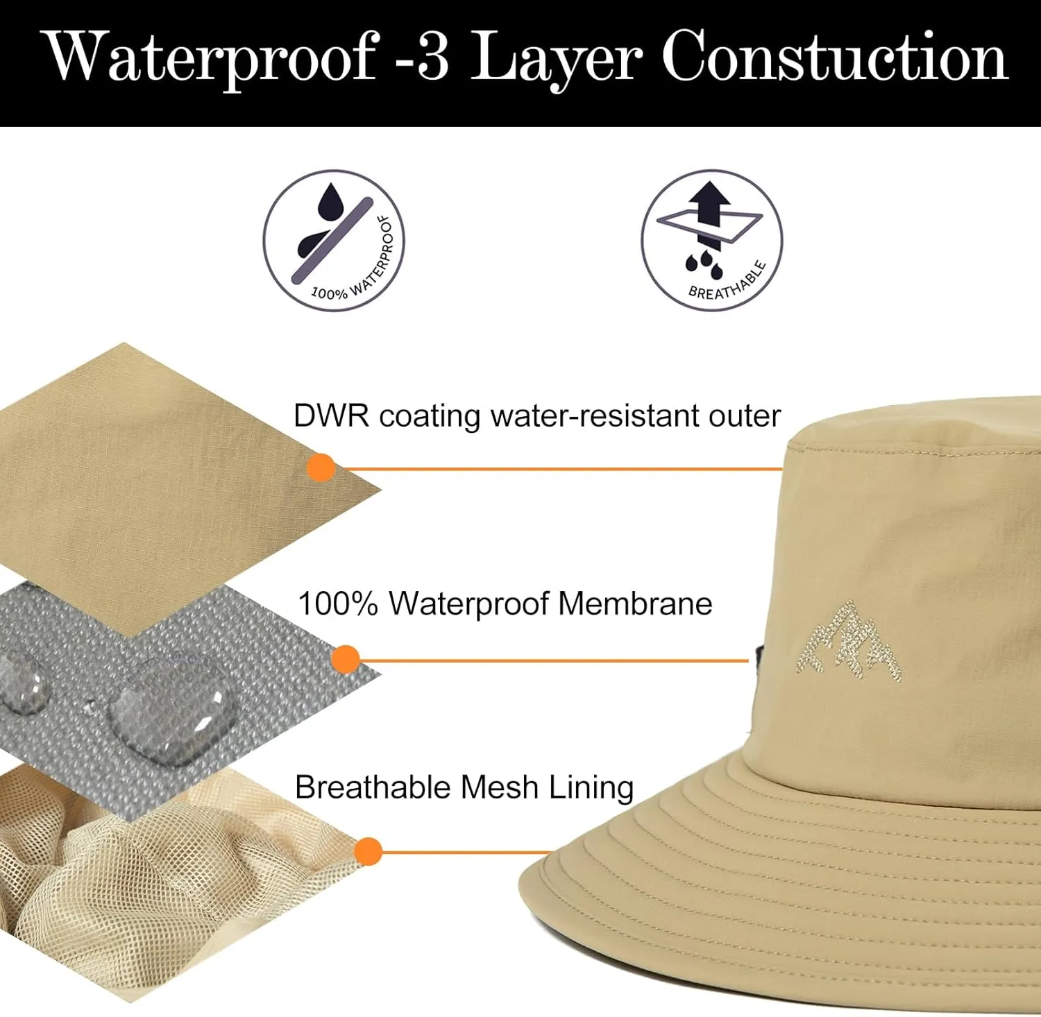 TOP-EX L/XL/XXL UV50  Waterproof Bucket Sun Hat for Fishing Golf Hiking All-Weather Outdoor Rain Hat Stiff Brim