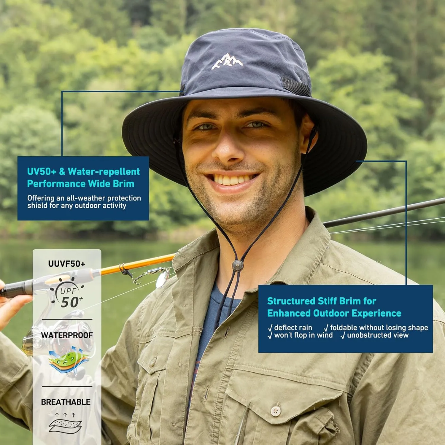 TOP-EX L/XL/XXL UV50  Waterproof Bucket Sun Hat for Fishing Golf Hiking All-Weather Outdoor Rain Hat Stiff Brim