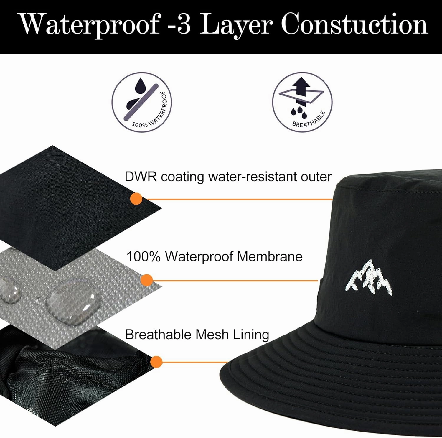 TOP-EX L/XL/XXL UV50  Waterproof Bucket Sun Hat for Fishing Golf Hiking All-Weather Outdoor Rain Hat Stiff Brim