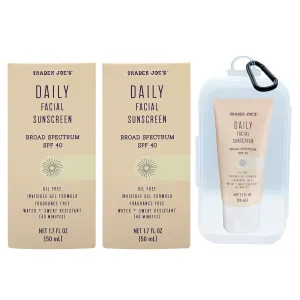 Trader Joe's Daily Facial Sunscreen Broad Spectrum SPF 40 (Pack of 2), Bundled with Clear Carrying Case