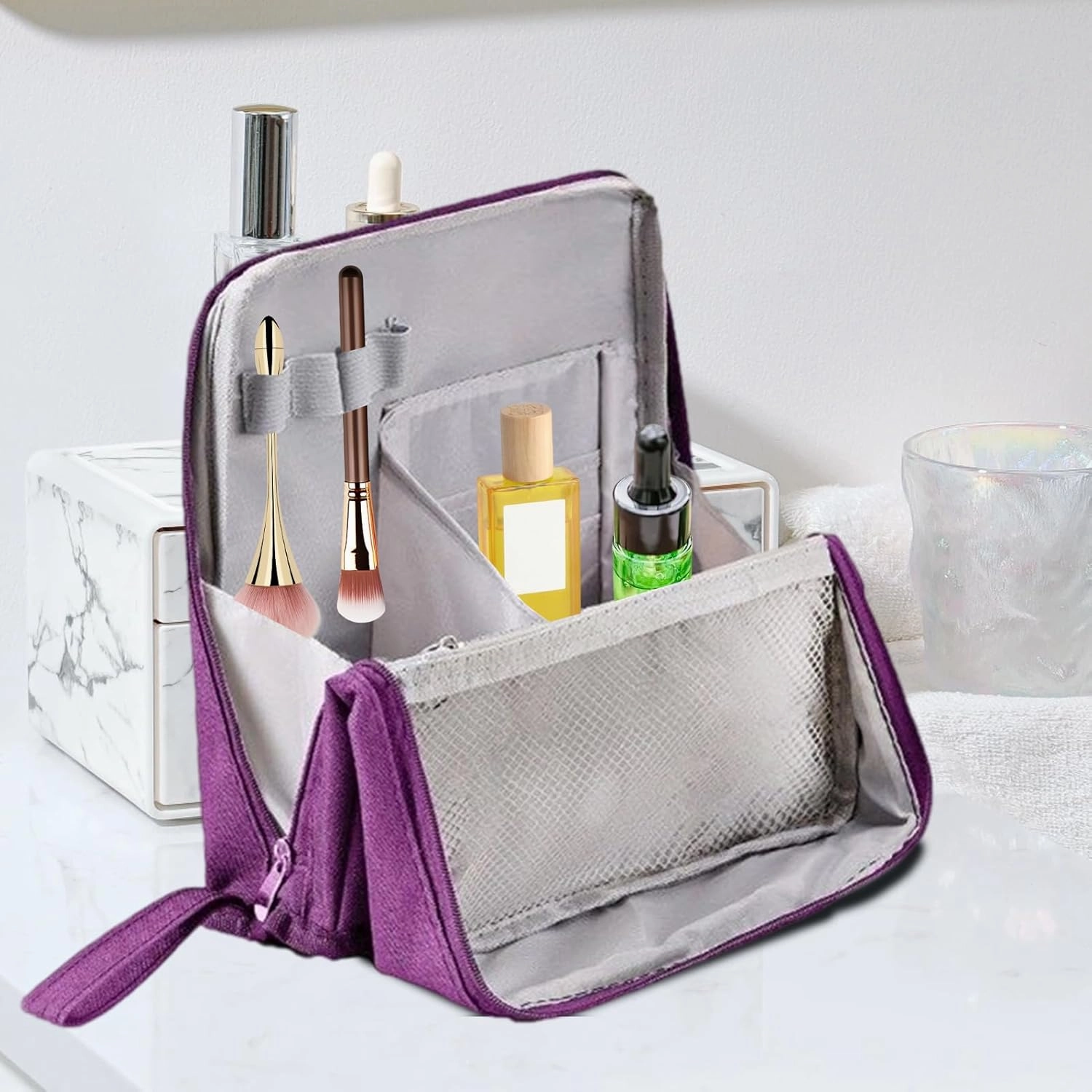 Travel Size Toiletries Bag | Waterproof Portable Vertical Makeup Bag | Travel Cases for Shampoo Foundation Conditioner Sunscreen Hair Spray Eyeshadow