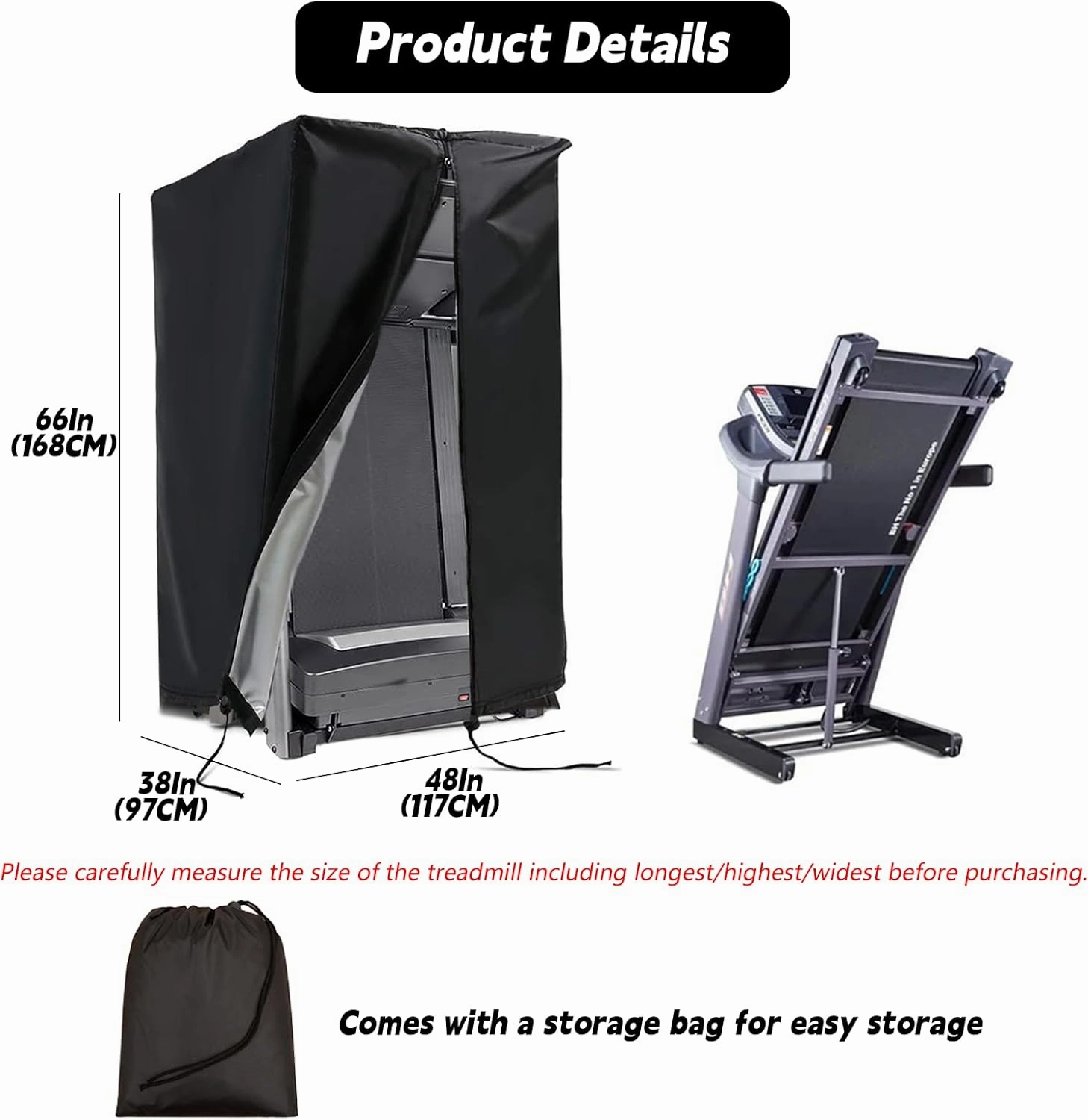 Treadmill Cover Waterproof Outdoor,46X38X66In,Gym Exercise Fitness Foldable Equipment Home Sunscreen Protective Accessories Storage Multifunctional Covers (Black, 46X38X66In)