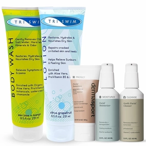 TRISWIM Chlorine Removal Body Wash & After Swim Lotion with Dermasport pH Balancing Cleanser, Hydrating Face Moisturizer, and Facial Sunscreen SPF 50 Bundle | Complete Skincare & Haircare for Swimmers