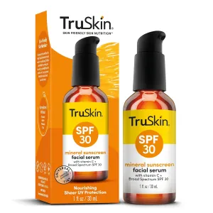 TruSkin Sunscreen Serum for Face – SPF 30 Universal Tinted Mineral Sunscreen Face Serum – Lightweight Sheer Finish – Zinc Oxide, Vitamin C, Hyaluronic Acid, Ceramides, All Skin Types, 1 fl oz
