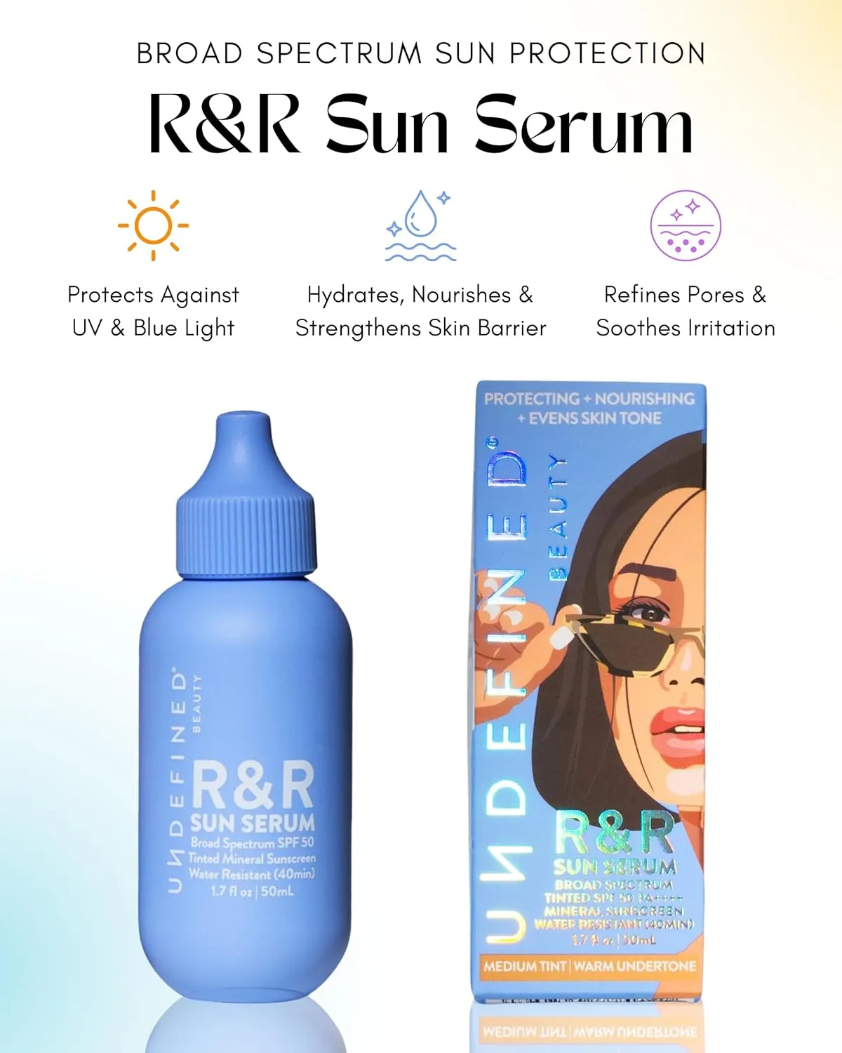 Undefined Beauty R&R Sun Serum SPF 50 Tinted Mineral Sunscreen PA     3 Flex shades, infused with Niacinamide, 40 min Water Resistant, bluelight protection, 1.7oz… (Medium Tint/Warm Undertone)