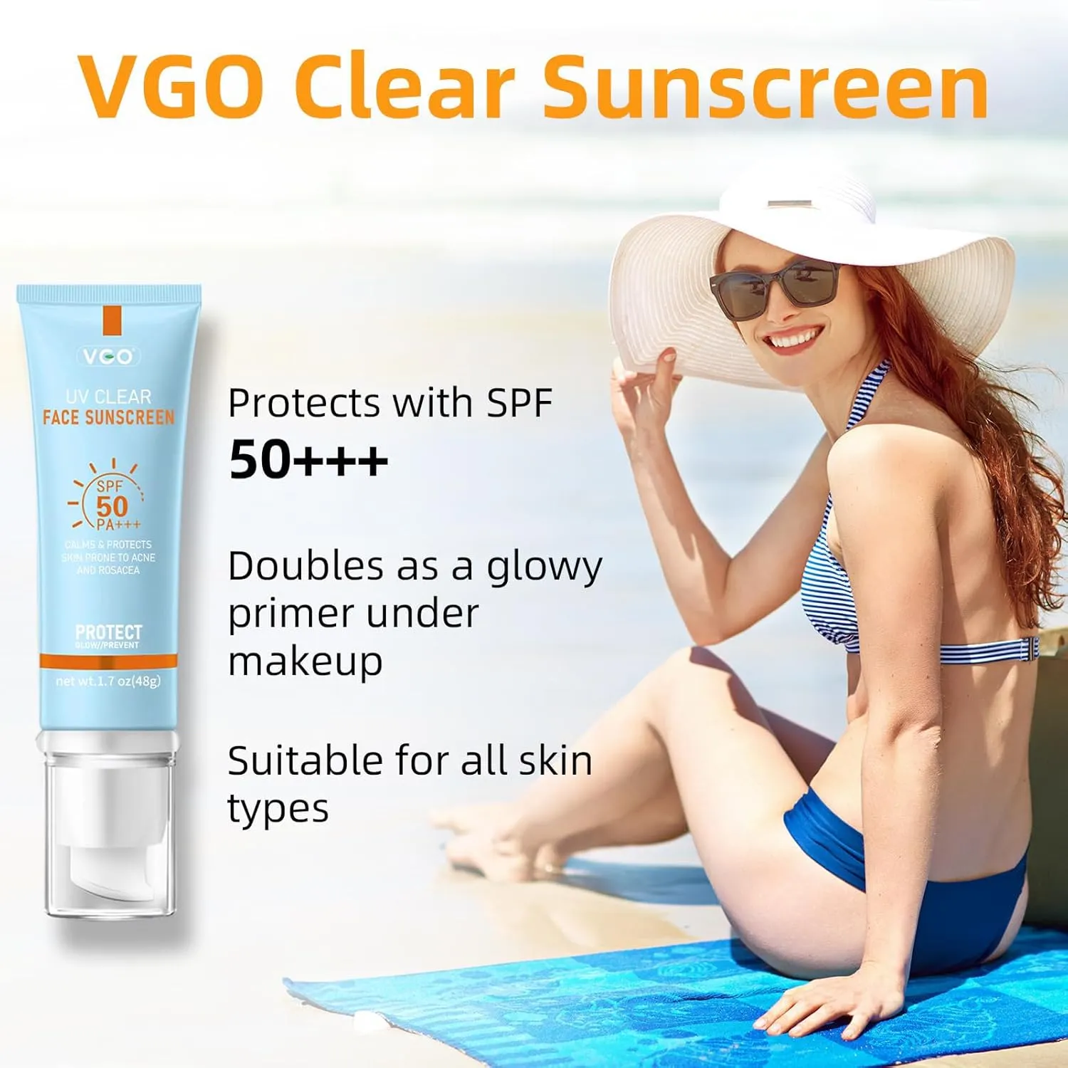 VGO Clear Face Sunscreen SPF 50, Hydrating Sun Essence Face Protector Leaves No Sticky Feeling Travel Size Sunscreen Against UVA and UVB Rays 50ml / 1.7oz