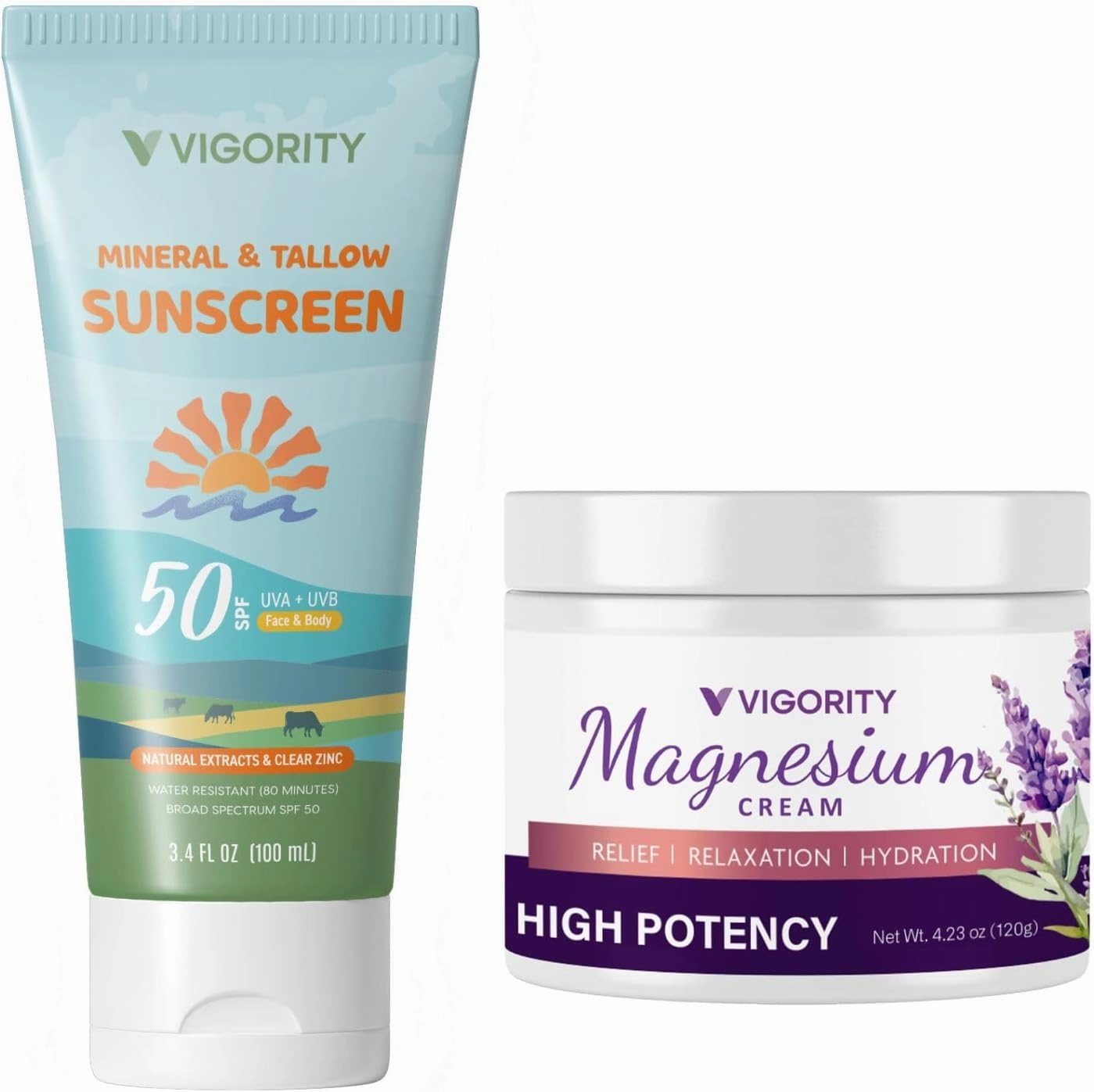 Vigority Day & Night Skincare Duo: Natural Tallow Sunscreen & Magnesium Cream for Sun Protection Night Relaxation