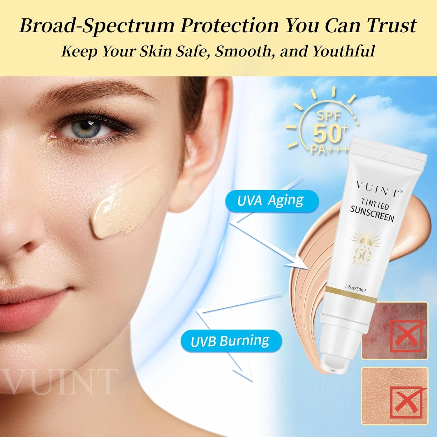 Vuint Tinted Sunscreen for Face SPF 50 – Broad Spectrum SPF Protection for Women – Lightweight, Non-Greasy Sunblock for Sensitive Skin, Hydrating, Waterproof Facial Sunscreen for Travel & Everyday Use