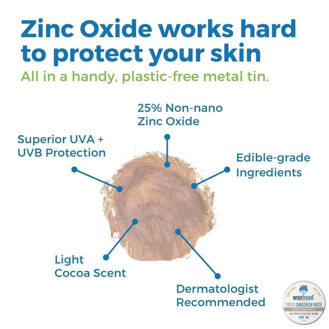 Waxhead Tinted Zinc Oxide Sunscreen Face, SPF 30 Reef Safe Non-Toxic Sunscreen Surf Zinc Sunblock, Travel Waterproof for Swimming, Lifeguard, Sports, Organic Sun Block Colored Face Scar (Tint 2oz Tin)