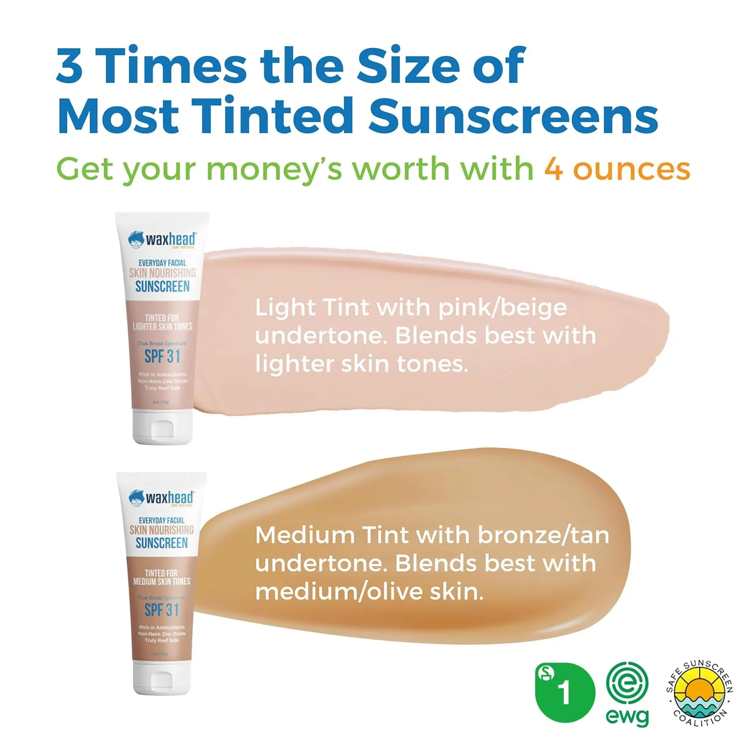 Waxhead Tinted Zinc Oxide Sunscreen For Face - Non-Toxic Mineral Sunscreen For Face, Facial BB Cream Tinted Moisturizer With SPF 31, Protector Solar Para la Cara con Color (Sheer Glow Medium Tint 4oz)