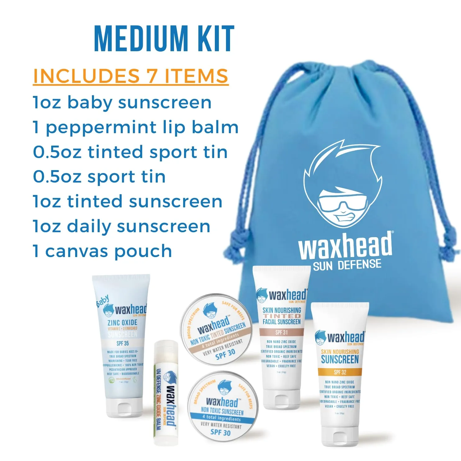 Waxhead Travel Size Sunscreen Sampler Box - Non-Nano Zinc Oxide, Coral Reef Safe, Biodegradable Sunblock SPF 30. Zinc Lip Balm, Solid Mini Paste Tins (.5oz) Tinted, Baby   Everyday (1oz) in Canvas Bag