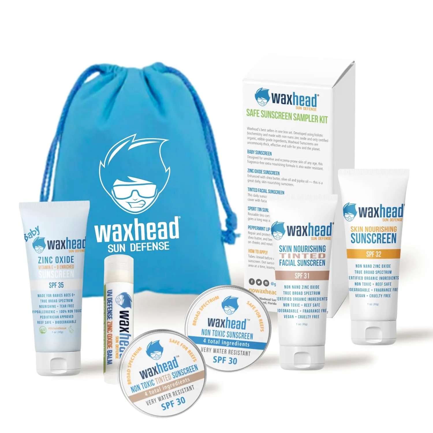 Waxhead Travel Size Sunscreen Sampler Box - Non-Nano Zinc Oxide, Coral Reef Safe, Biodegradable Sunblock SPF 30. Zinc Lip Balm, Solid Mini Paste Tins (.5oz) Tinted, Baby   Everyday (1oz) in Canvas Bag