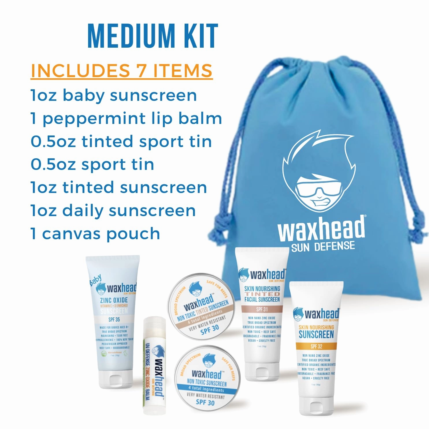 Waxhead Travel Size Sunscreen Sampler Box - Non-Nano Zinc Oxide, Coral Reef Safe, Biodegradable Sunblock SPF 30. Zinc Lip Balm, Solid Mini Paste Tins (.5oz) Tinted, Baby   Everyday (1oz) in Canvas Bag