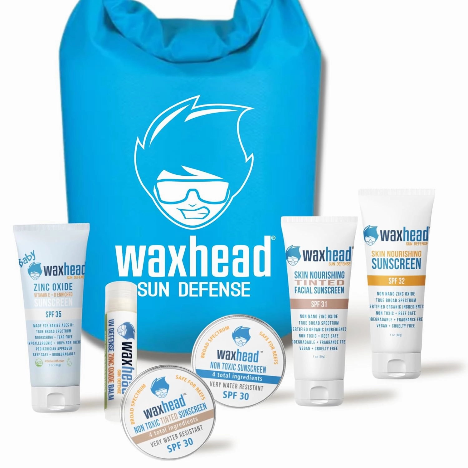 Waxhead Travel Size Sunscreen Sampler Box - Non-Nano Zinc Oxide Coral Reef Safe, Eco Biodegradable Sunblock SPF 30. Zinc Lip Balm, Solid Mini Paste Tins (.5oz) Tinted, Baby   Everyday (1oz) in Dry Bag