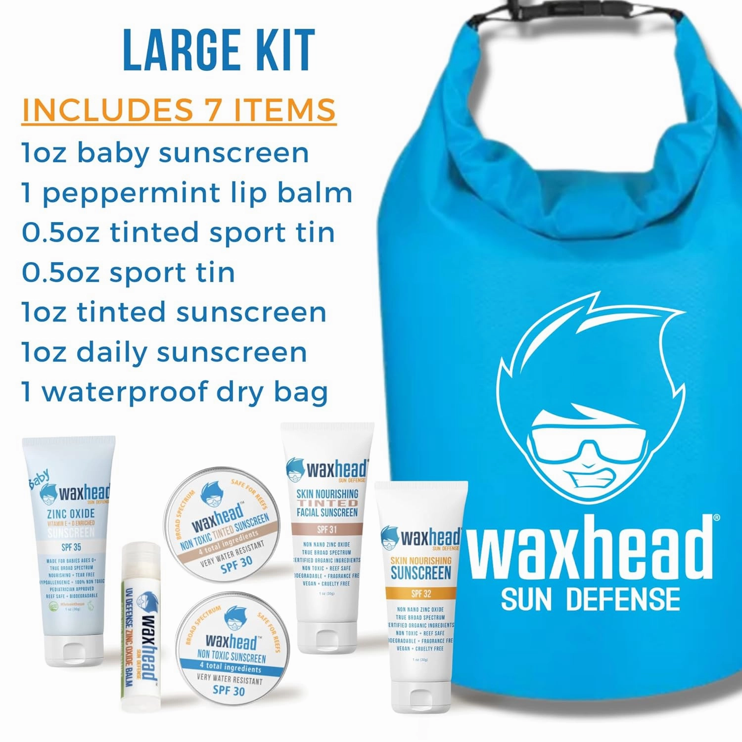 Waxhead Travel Size Sunscreen Sampler Box - Non-Nano Zinc Oxide Coral Reef Safe, Eco Biodegradable Sunblock SPF 30. Zinc Lip Balm, Solid Mini Paste Tins (.5oz) Tinted, Baby   Everyday (1oz) in Dry Bag