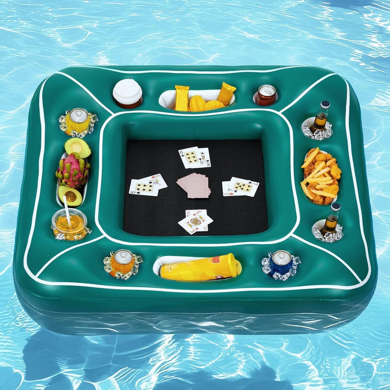 WERNNSAI Floating Pool Card Table Inflatable Drink & Snack Holder with Waterproof Playing Cards 40” Floating Game Tray for Pool or Beach Party Summer Fun Accessory for Adults & Family