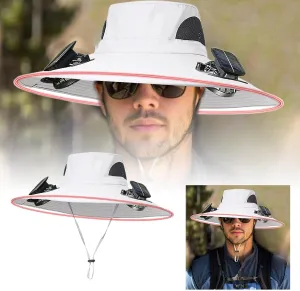Wide Brim Bucket Hat for Men Women Breathable Sun Hat with 2 Solar Fan USB Charging Hiking Camping Fishing Hat 2025