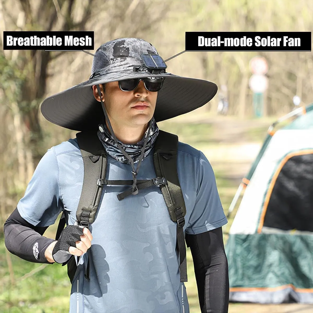 Wide Brim Solar Fan Outdoor Fishing Hat-Solar & USB Charging UPF50  Outdoor Sun Hat with 2 Solar-Powered Ventilation System