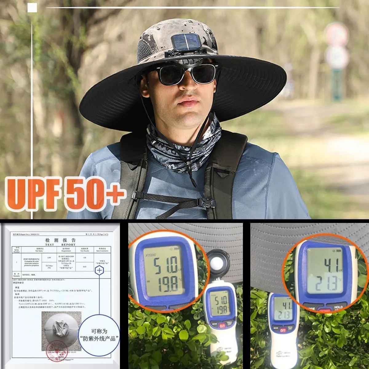 Wide Brim Solar Fan Outdoor Fishing Hat-Solar & USB Charging UPF50  Outdoor Sun Hat with 2 Solar-Powered Ventilation System