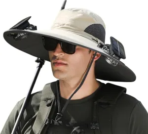 Wide Brim Solar Fan Outdoor Fishing Hat-Solar & USB Charging UPF50  Outdoor Sun Hat with 2 Solar-Powered Ventilation System