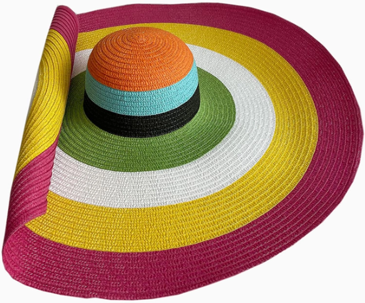Women's Large Wide Brim Straw Hat Rainbow Striped Beach Cap UV Protection Roll Up Floppy Sun Hat Visor Hats