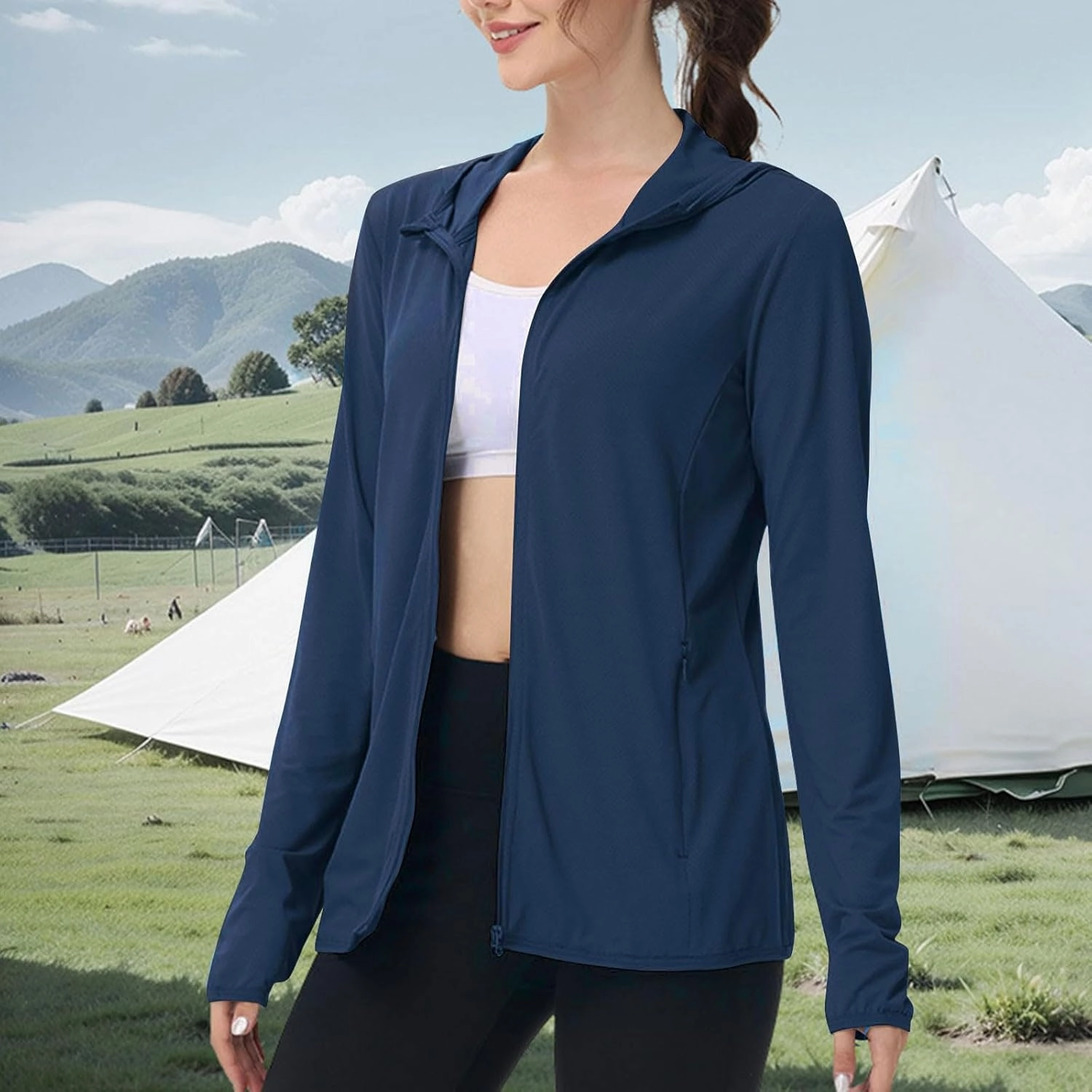 Women's Long Sleeve Running Shirts UPF 50  Sun Protection Full Zip Athletic Jackets Lightweight Tops with Pockets