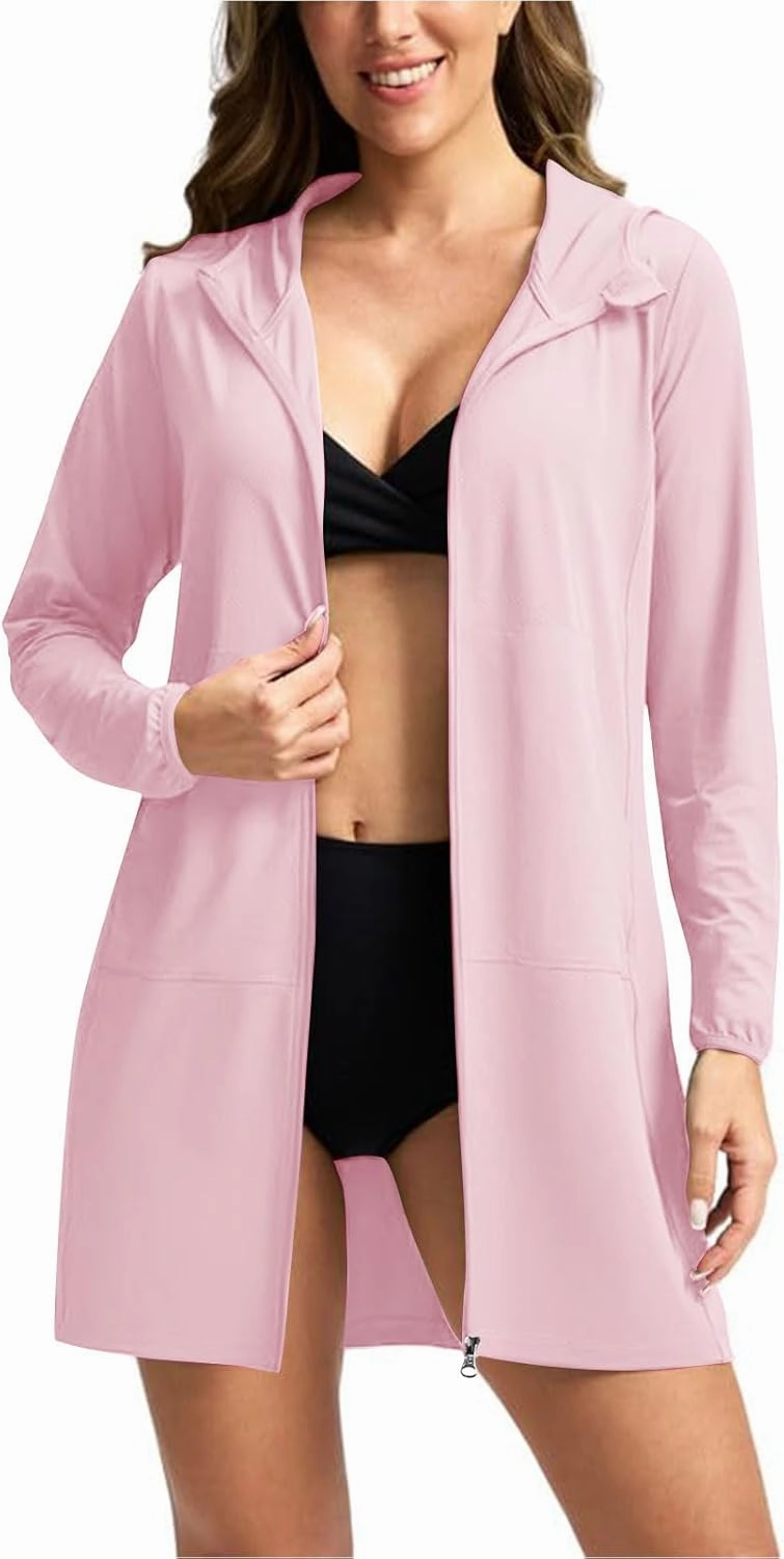 Women's UPF 50  Rash Guard Sun Protection Clothing Zip Up Hoodies Long UV Jackets SPF Lightweight Swim Beach Cover Ups