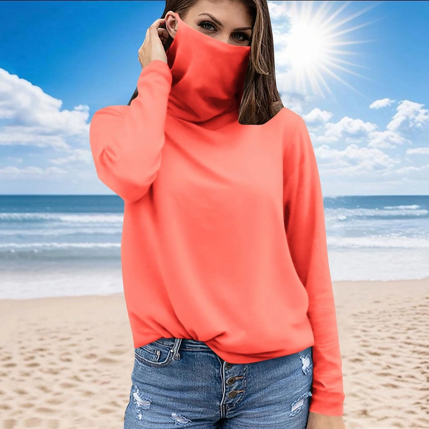 Women's UPF 50  Sun Protection Shirt with Face Mask Breathable Long Sleeve Sunshirt Summer Outdoor Rash Guard Tops