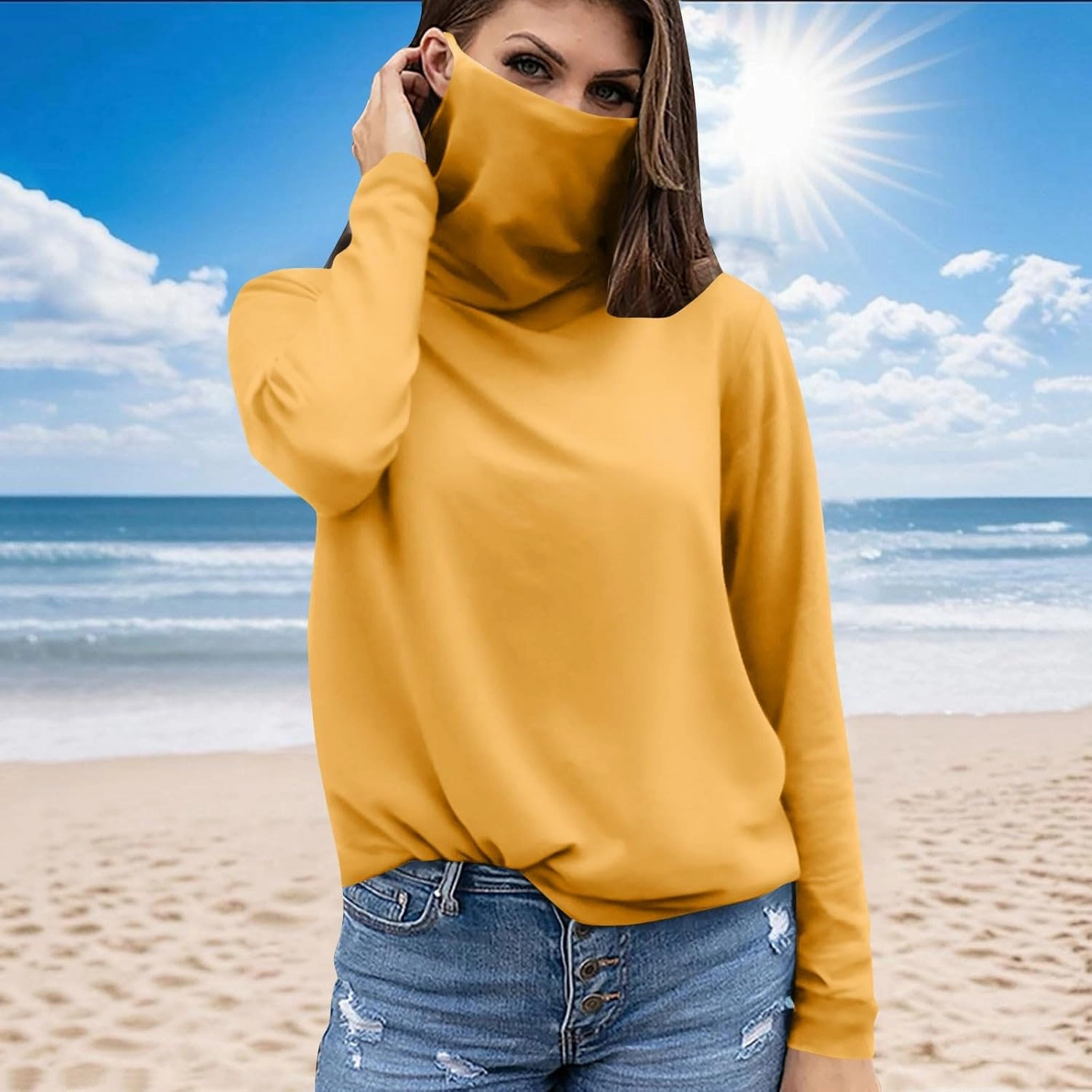 Women's UPF 50  Sun Protection Shirt with Face Mask Breathable Long Sleeve Sunshirt Summer Outdoor Rash Guard Tops