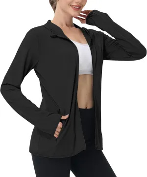 Women's Long Sleeve Running Shirts UPF 50  Sun Protection Full Zip Athletic Jackets Lightweight Tops with Pockets