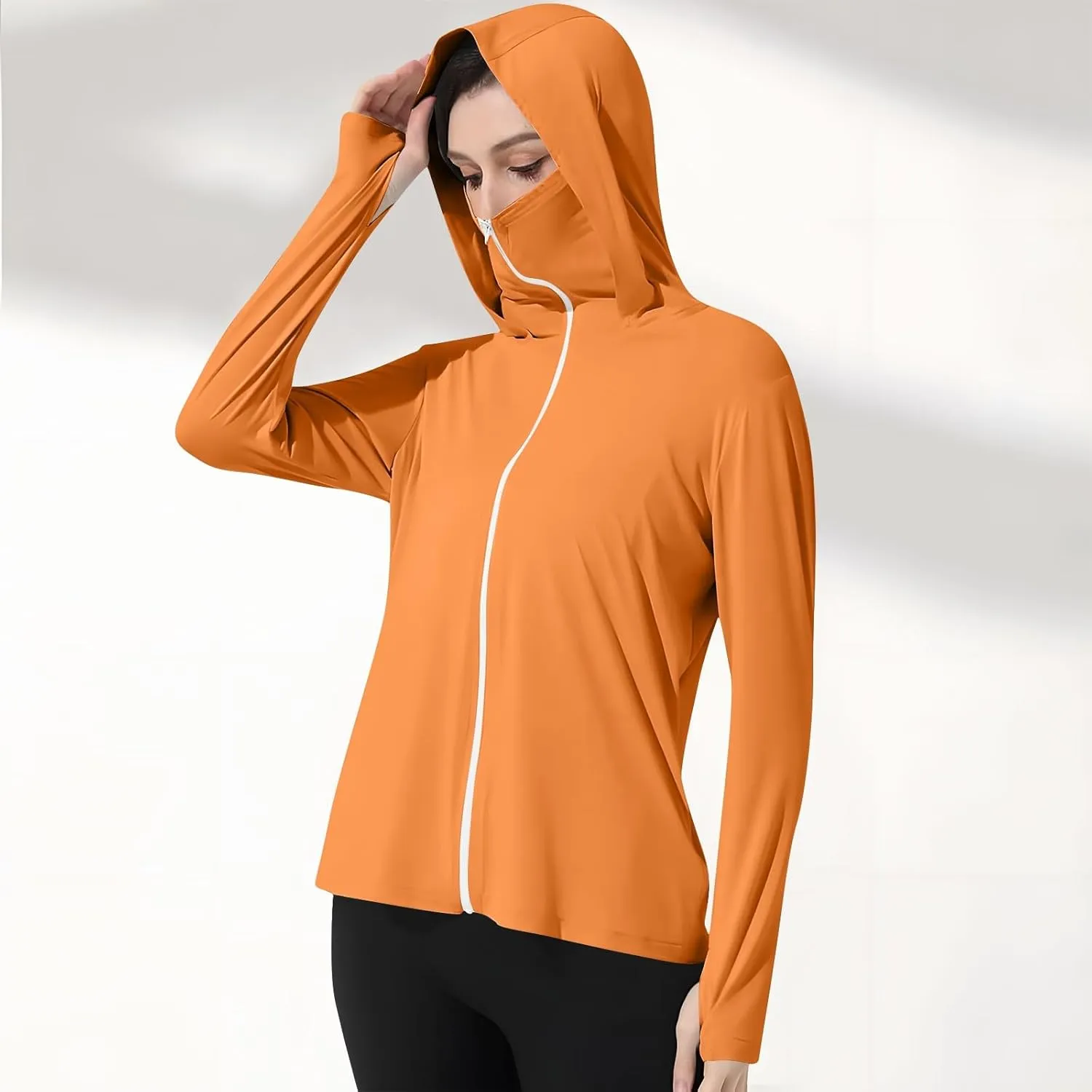 Womens UV Protrction Shirts UPF 50  with Mask Long Sleeve Rash Guard Outfit Running Outdoor Swimming Quick Dry Hoodie