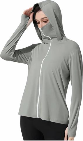 Womens UV Protrction Shirts UPF 50  with Mask Long Sleeve Rash Guard Outfit Running Outdoor Swimming Quick Dry Hoodie