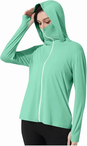 Womens UV Protrction Shirts UPF 50  with Mask Long Sleeve Rash Guard Outfit Running Outdoor Swimming Quick Dry Hoodie