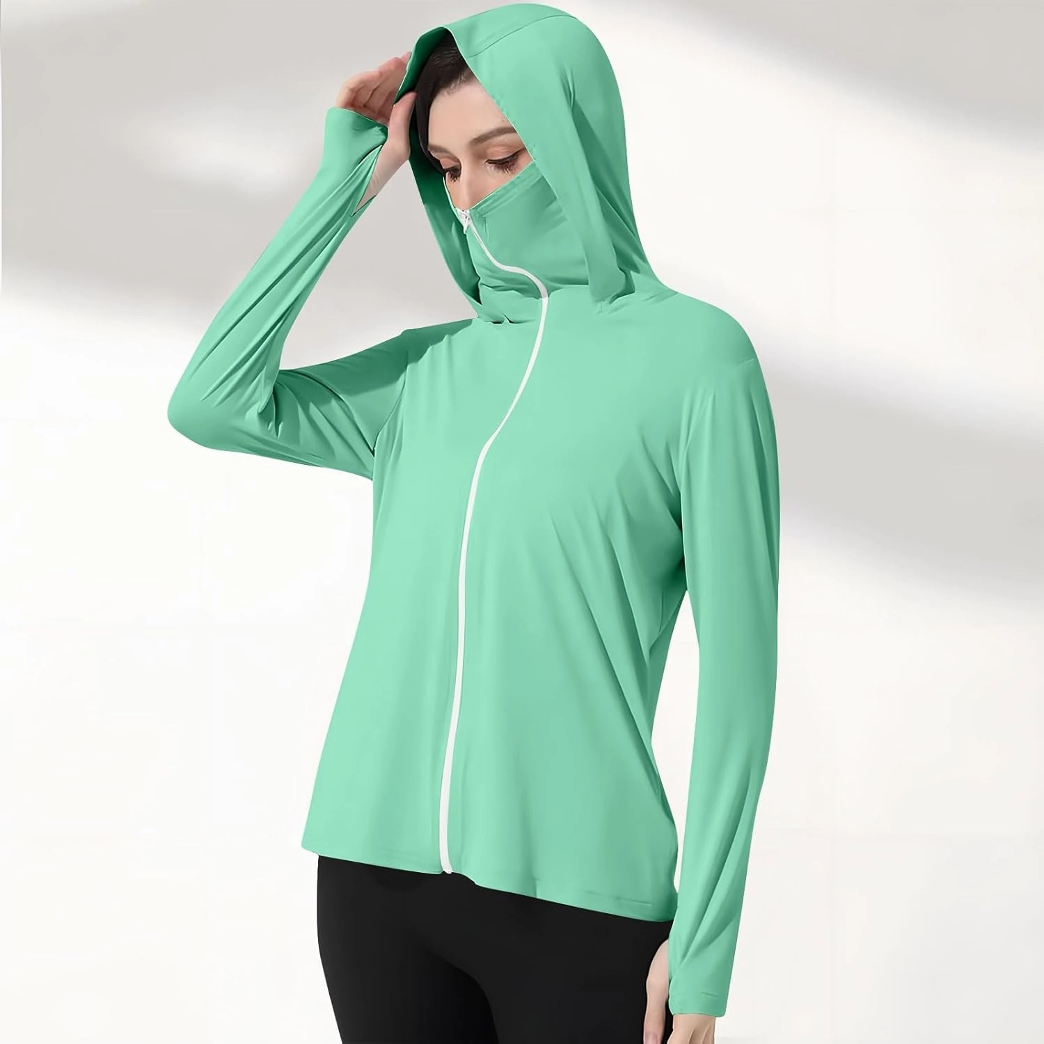 Womens UV Protrction Shirts UPF 50  with Mask Long Sleeve Rash Guard Outfit Running Outdoor Swimming Quick Dry Hoodie