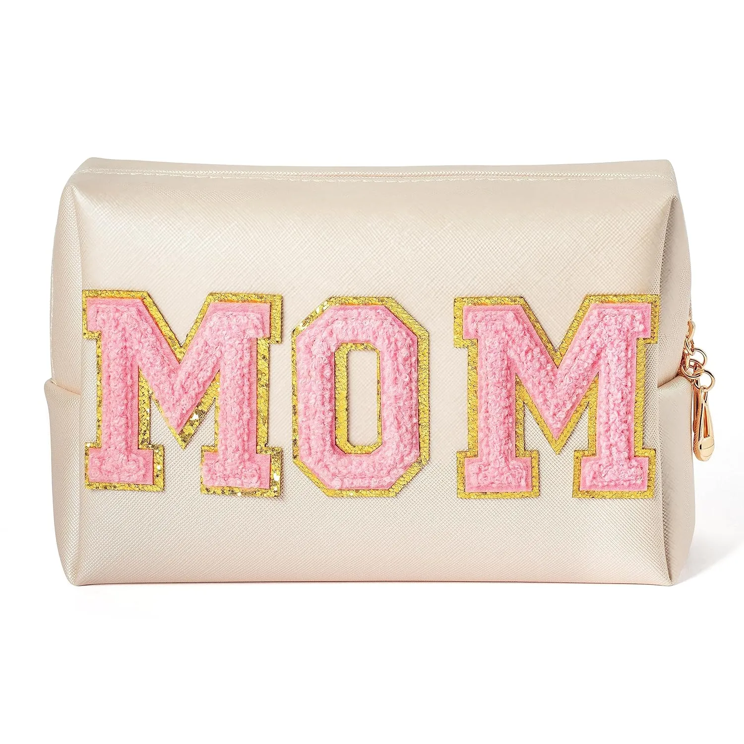 Y1tvei Preppy Patch MOM Varsity Letter Cosmetic Toiletry Bag PU Leather Portable Waterproof Makeup Bag Zipper Pouch Purse Travel Organizer Mama to Be Gift for Mom Birthday Mother's Day Baby Shower