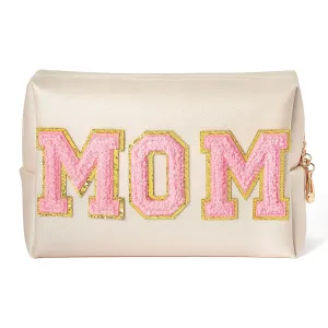 Y1tvei Preppy Patch MOM Varsity Letter Cosmetic Toiletry Bag PU Leather Portable Waterproof Makeup Bag Zipper Pouch Purse Travel Organizer Mama to Be Gift for Mom Birthday Mother's Day Baby Shower