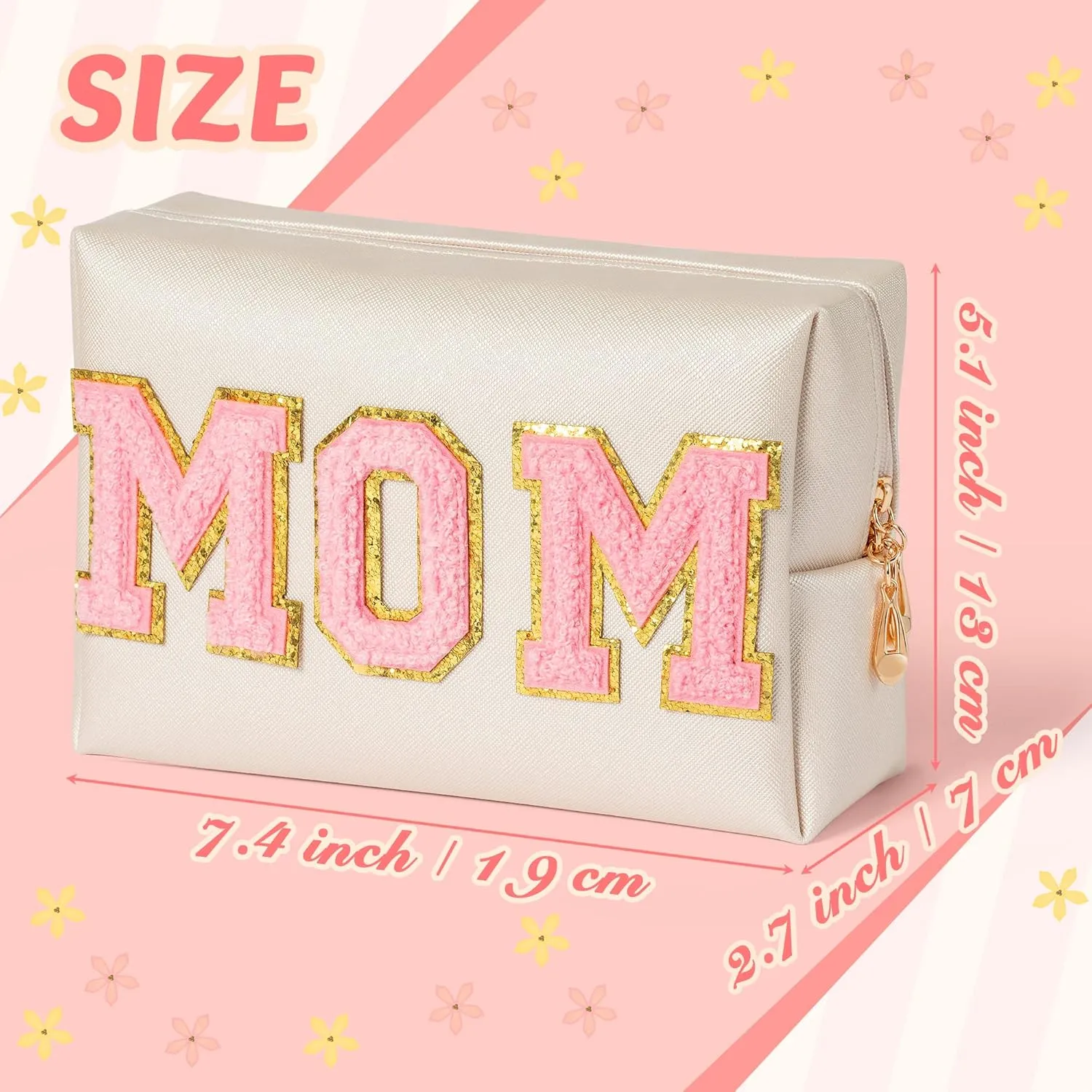 Y1tvei Preppy Patch MOM Varsity Letter Cosmetic Toiletry Bag PU Leather Portable Waterproof Makeup Bag Zipper Pouch Purse Travel Organizer Mama to Be Gift for Mom Birthday Mother's Day Baby Shower