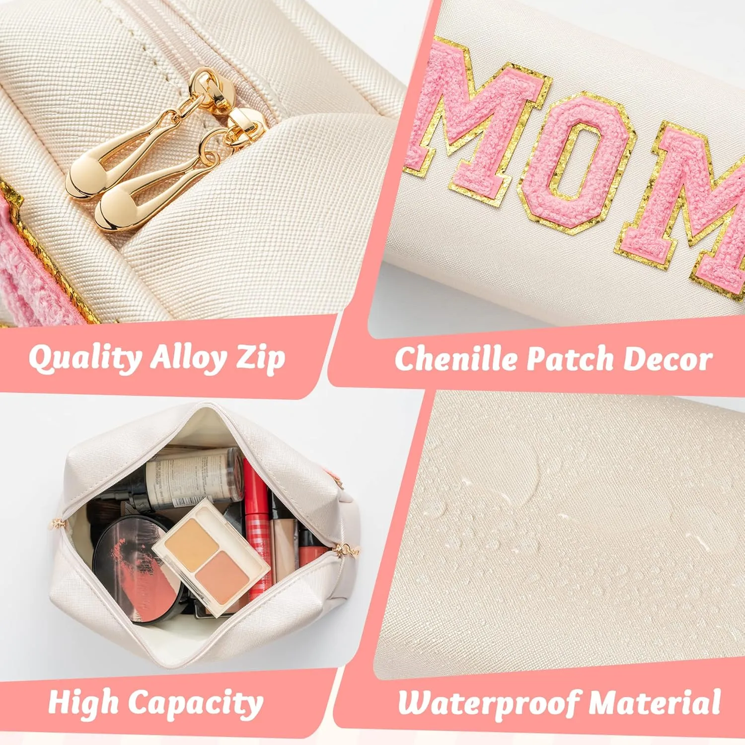 Y1tvei Preppy Patch MOM Varsity Letter Cosmetic Toiletry Bag PU Leather Portable Waterproof Makeup Bag Zipper Pouch Purse Travel Organizer Mama to Be Gift for Mom Birthday Mother's Day Baby Shower