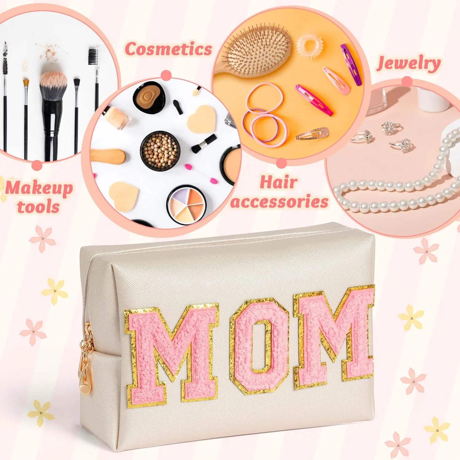 Y1tvei Preppy Patch MOM Varsity Letter Cosmetic Toiletry Bag PU Leather Portable Waterproof Makeup Bag Zipper Pouch Purse Travel Organizer Mama to Be Gift for Mom Birthday Mother's Day Baby Shower