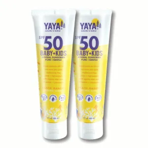 YAYA ORGANICS Baby   Kids Mineral Sunscreen with Free Sponge Applicators, SPF 50, Reef-Friendly, Non-Nano Zinc Oxide, Hypoallergenic, 3 oz, 2-pack