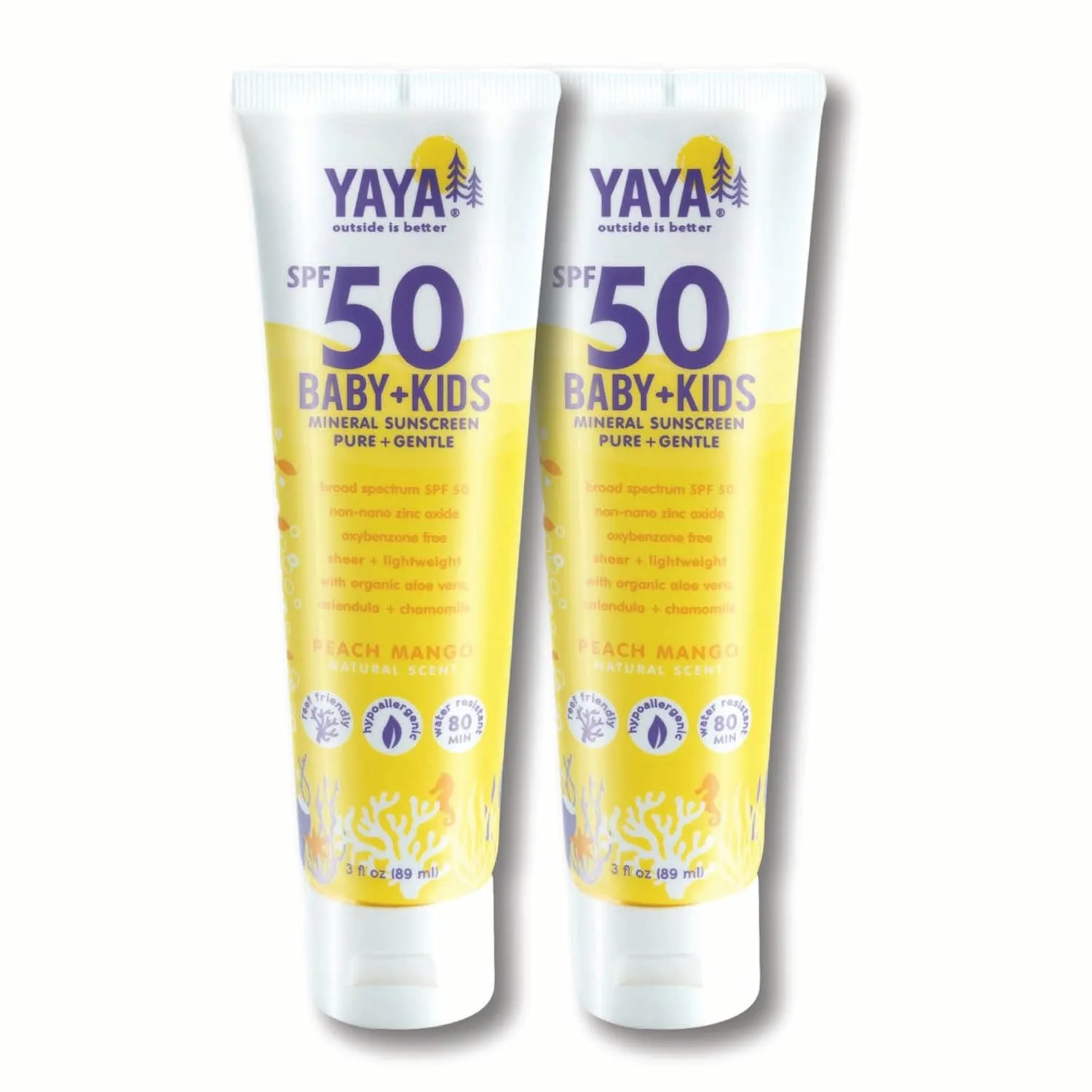 YAYA ORGANICS Baby   Kids Mineral Sunscreen with Free Sponge Applicators, SPF 50, Reef-Friendly, Non-Nano Zinc Oxide, Hypoallergenic, 3 oz, 2-pack