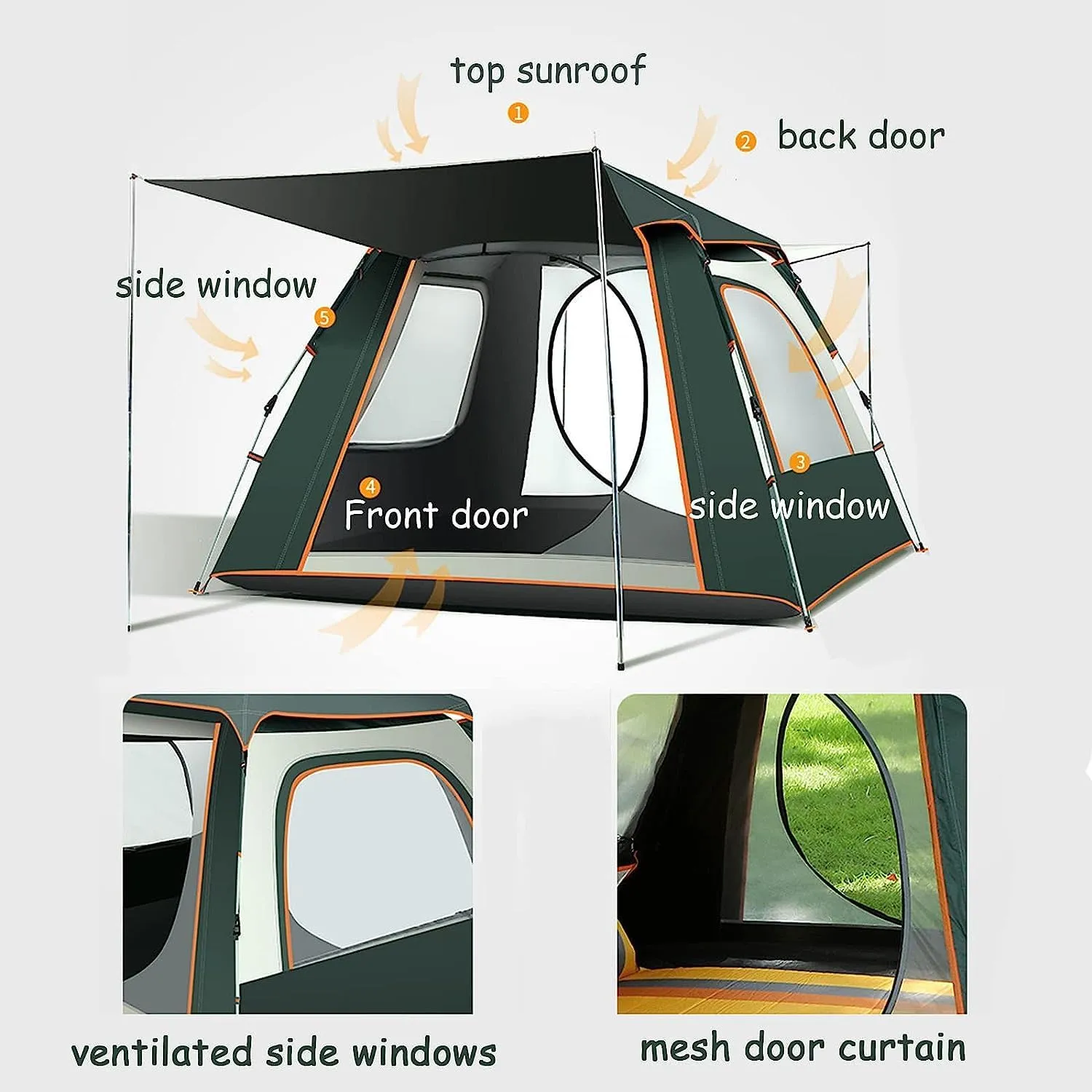 YUEWO Large Family Tent with Porch for Camping, Pop Up Dome Tent, Camping Backpacking Tent with Mesh Windows, Zipped Doors, Lamp Hook & Portable Carry Bag, Waterproof Tent for Travel,Hiking